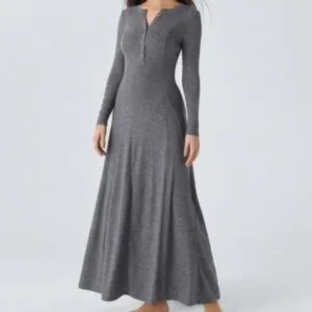 HALARA Round Neck Button Long Sleeve Flare Maxi Dress Darl Gray Floral Yarn